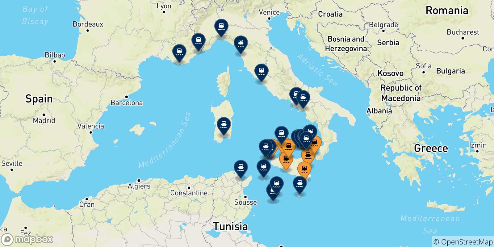 Mappa delle destinazioni raggiungibili dalla Sicilia