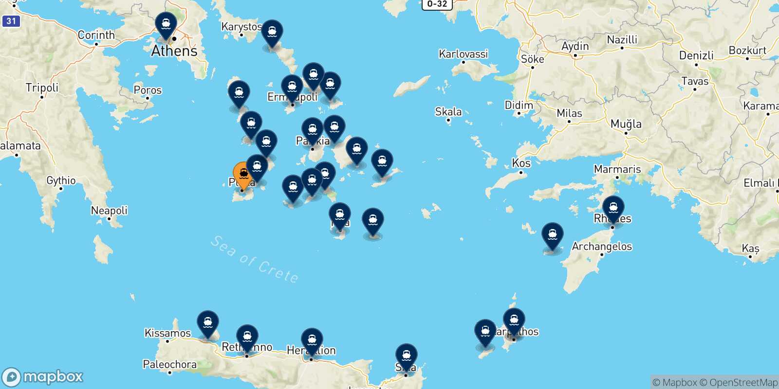 Mappa delle destinazioni raggiungibili da Milos