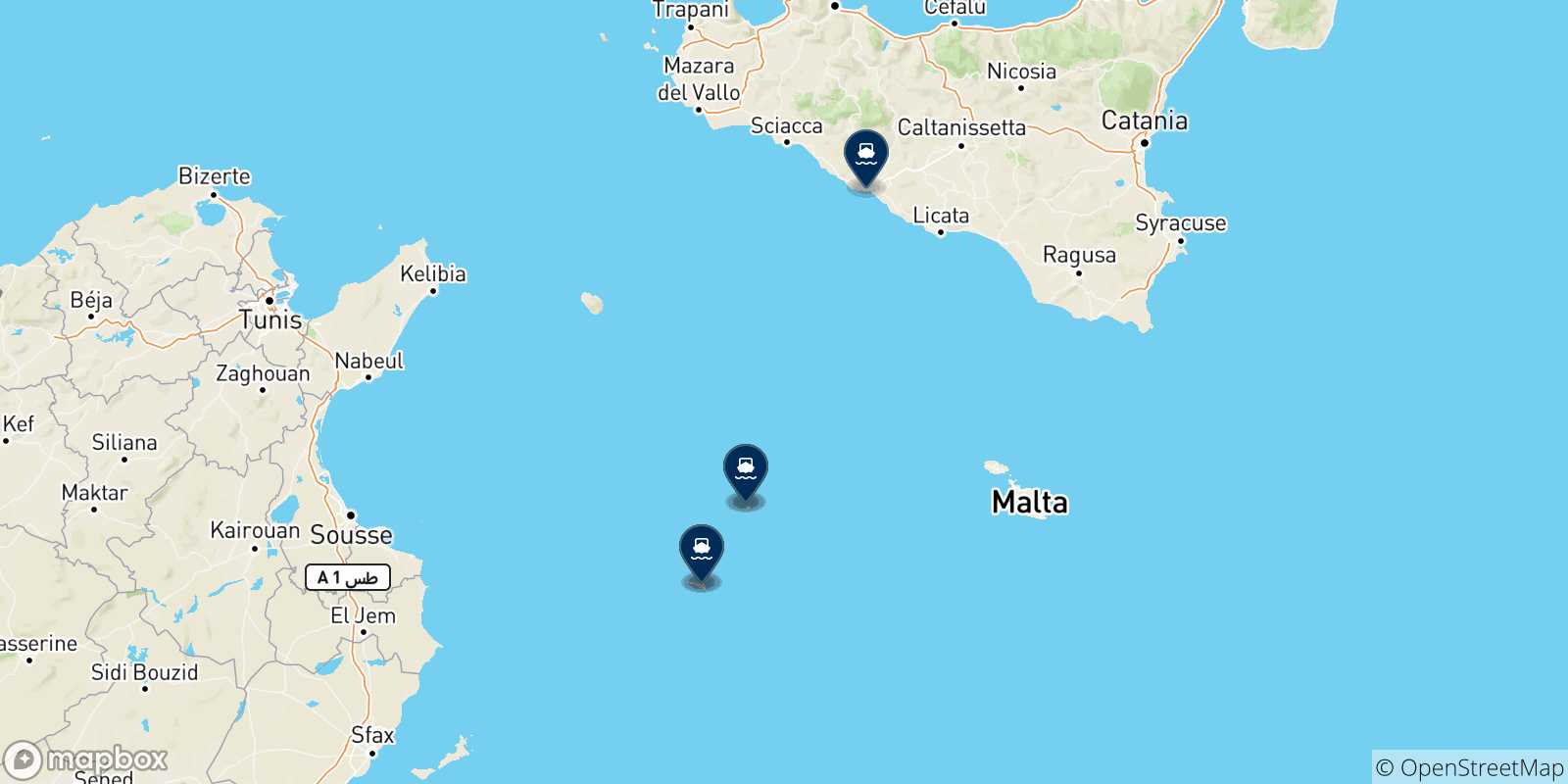Mappa delle destinazioni raggiungibili dalle Isole Pelagie