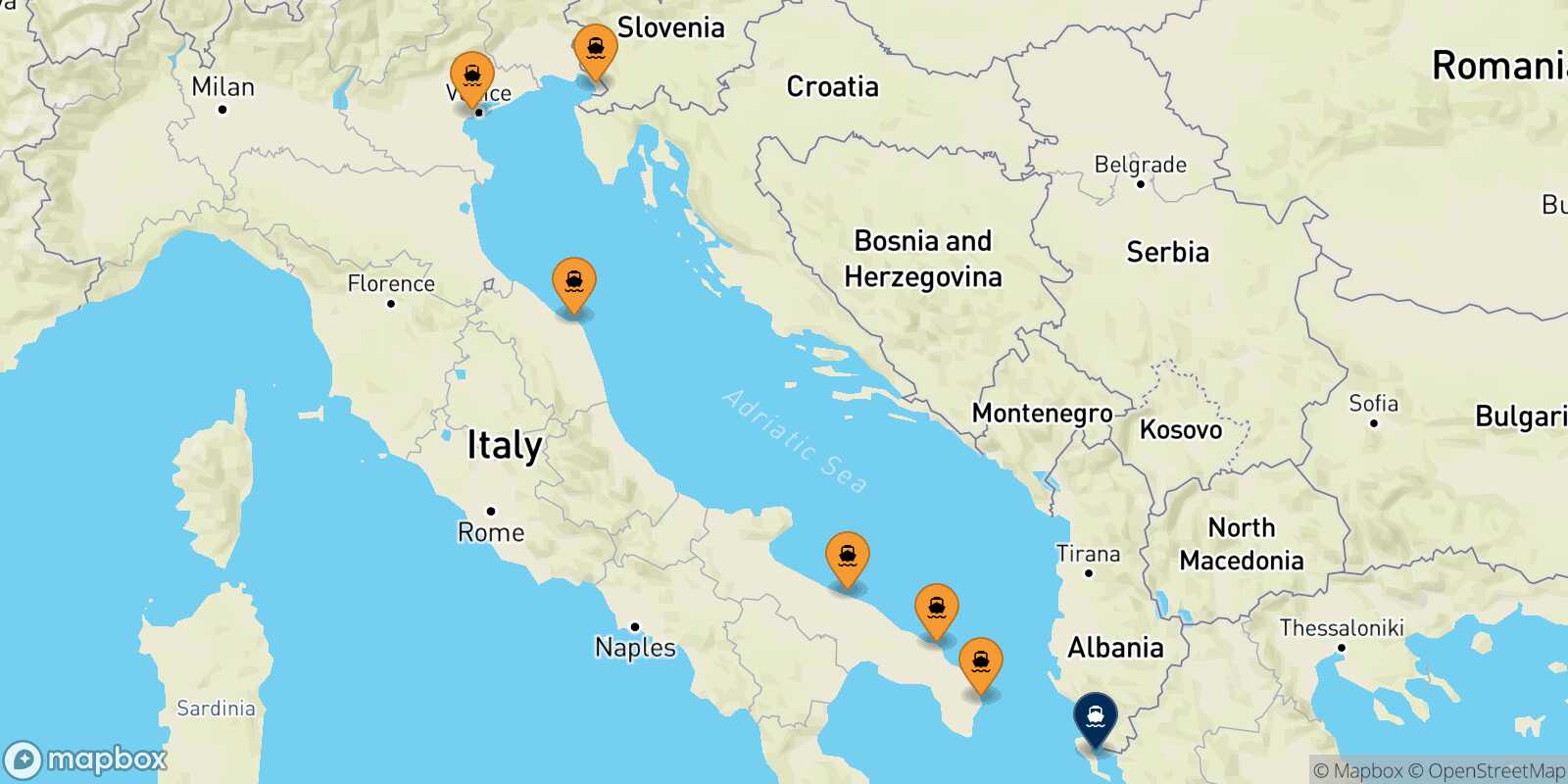 Mappa dei porti collegati con  Corfu