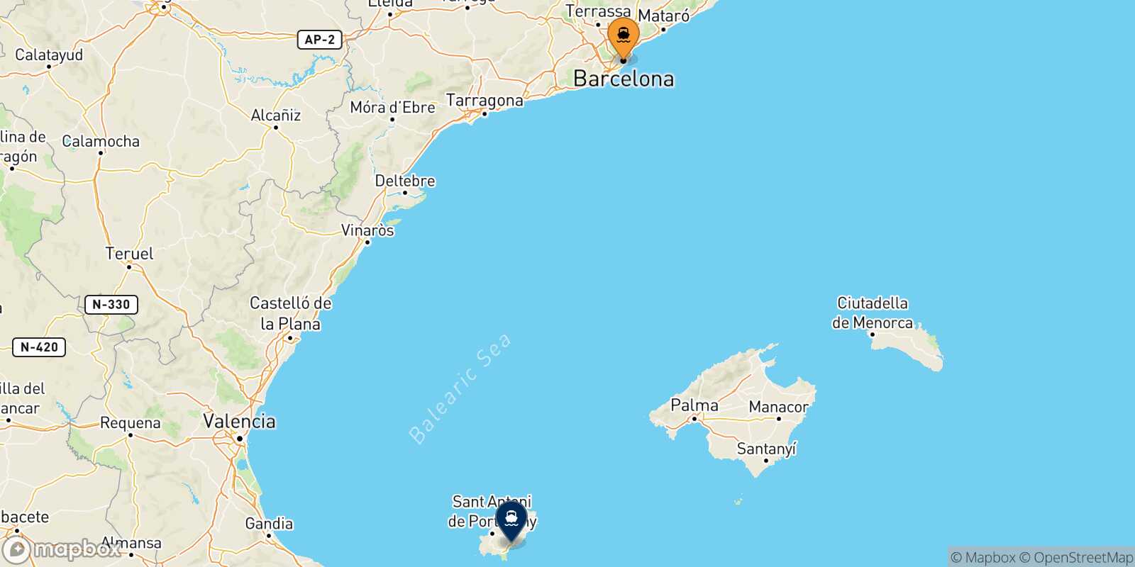 Mappa della rotta Barcellona Ibiza