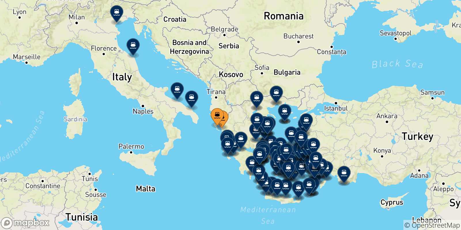 Mappa delle destinazioni raggiungibili dalla Grecia