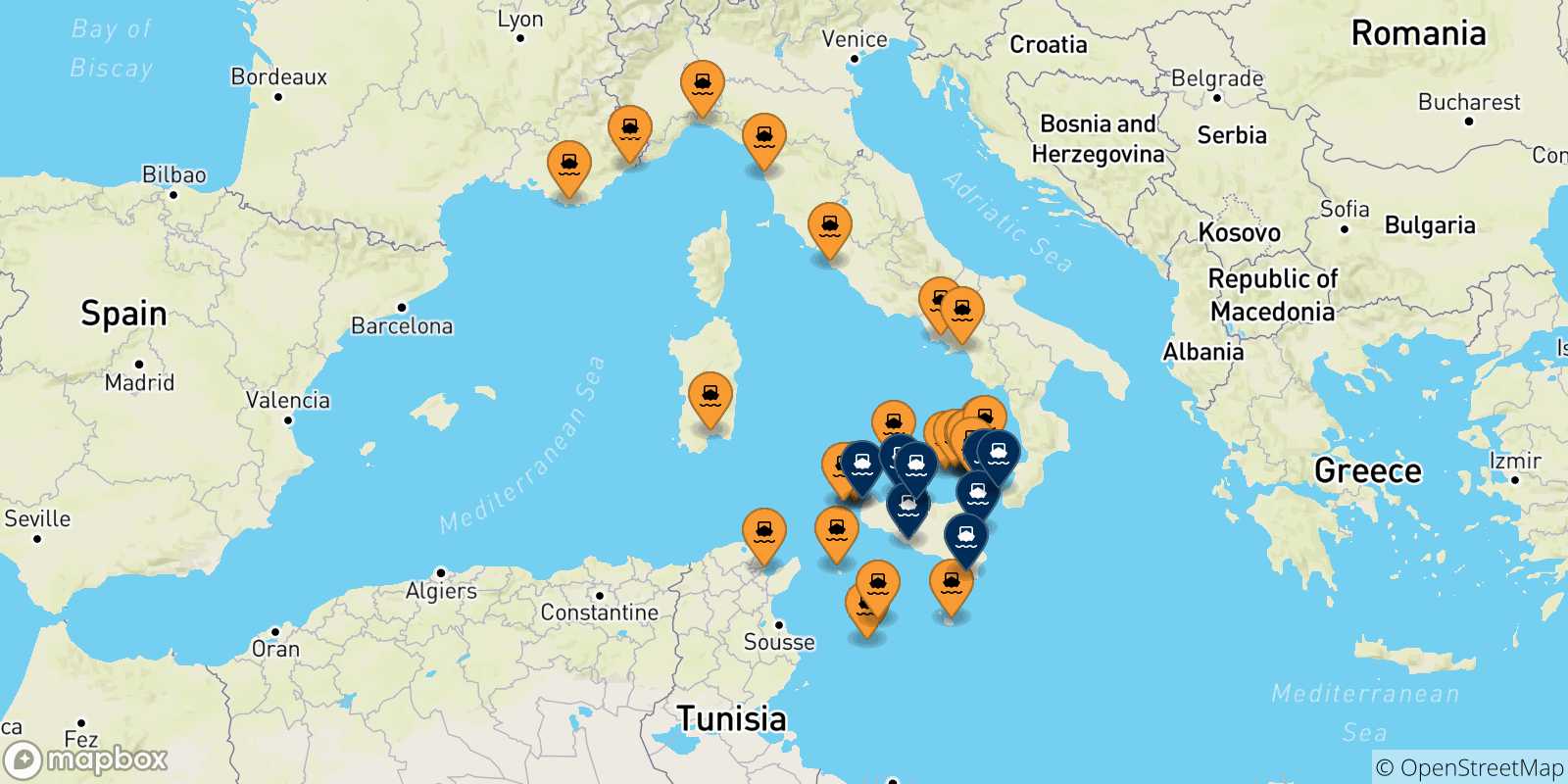 Mappa dei porti collegati con la Sicilia