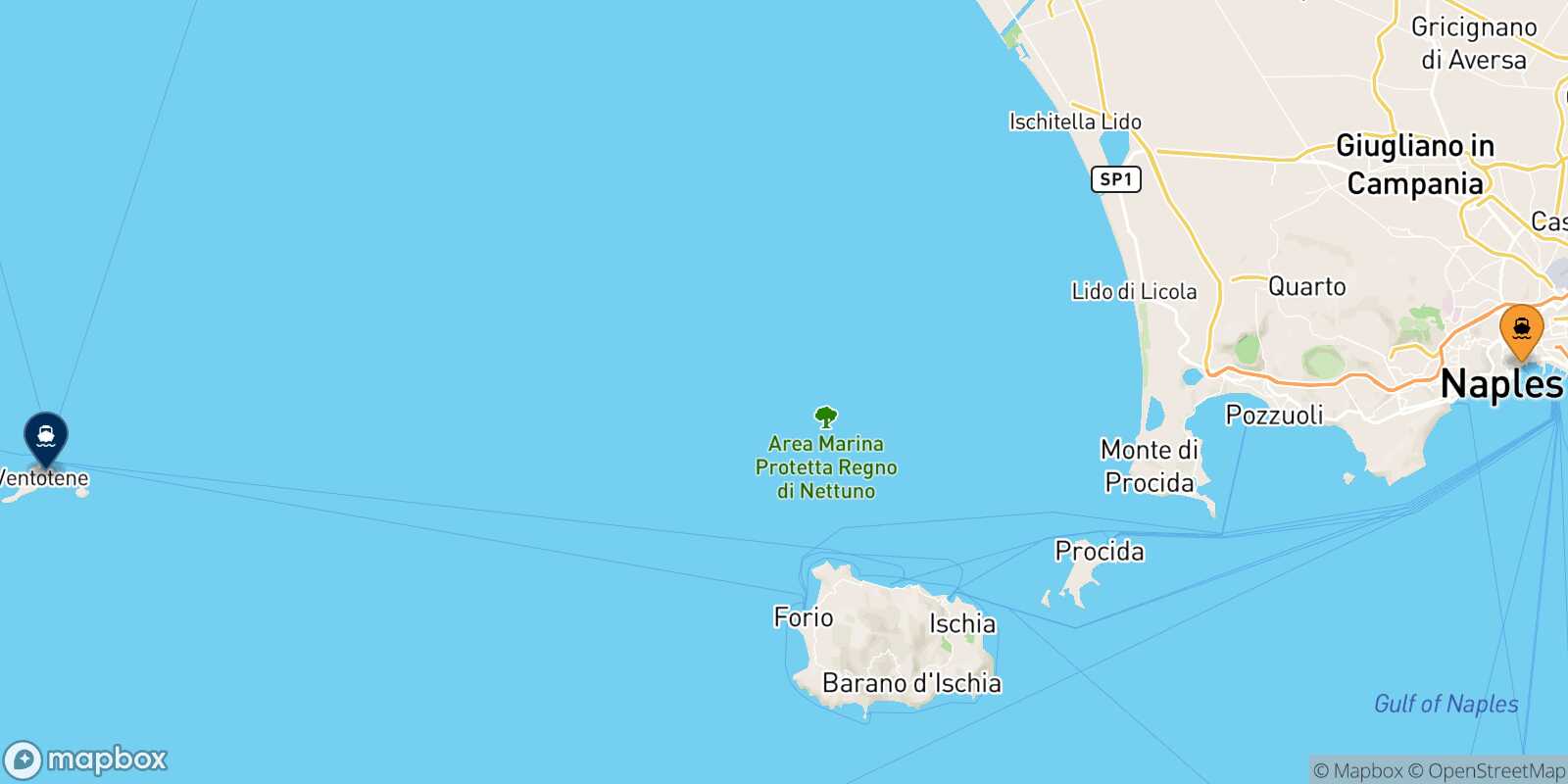 Mappa della rotta Napoli Beverello Ventotene