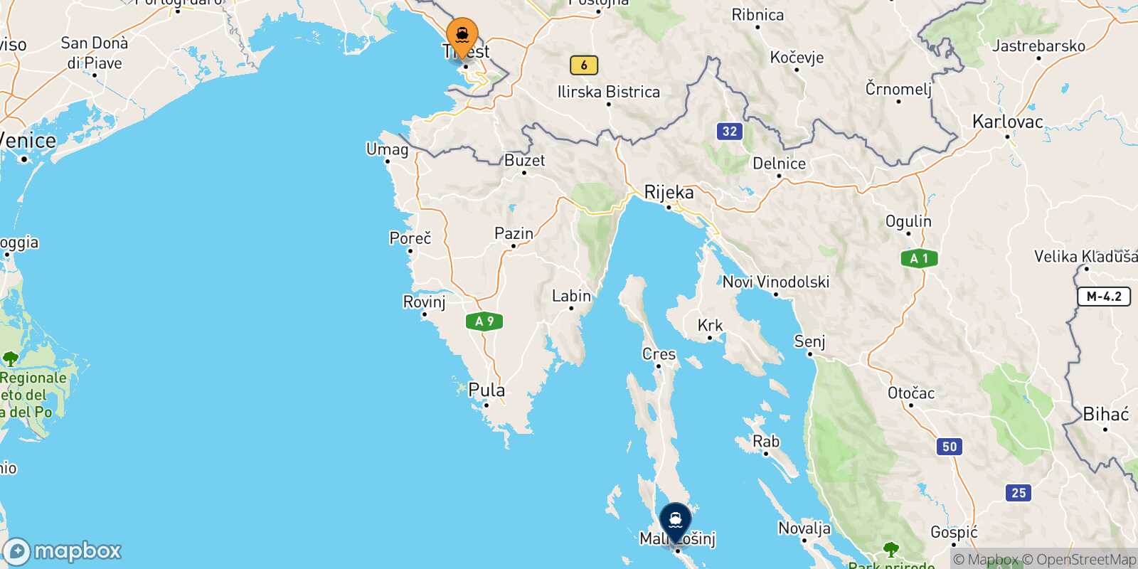 Mappa della rotta Trieste Lussinpiccolo