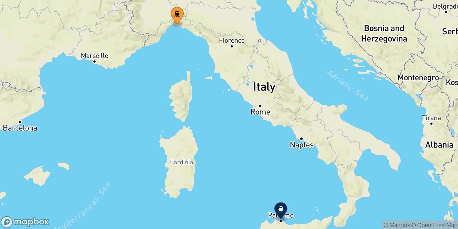 Mappa della rotta Genova Palermo