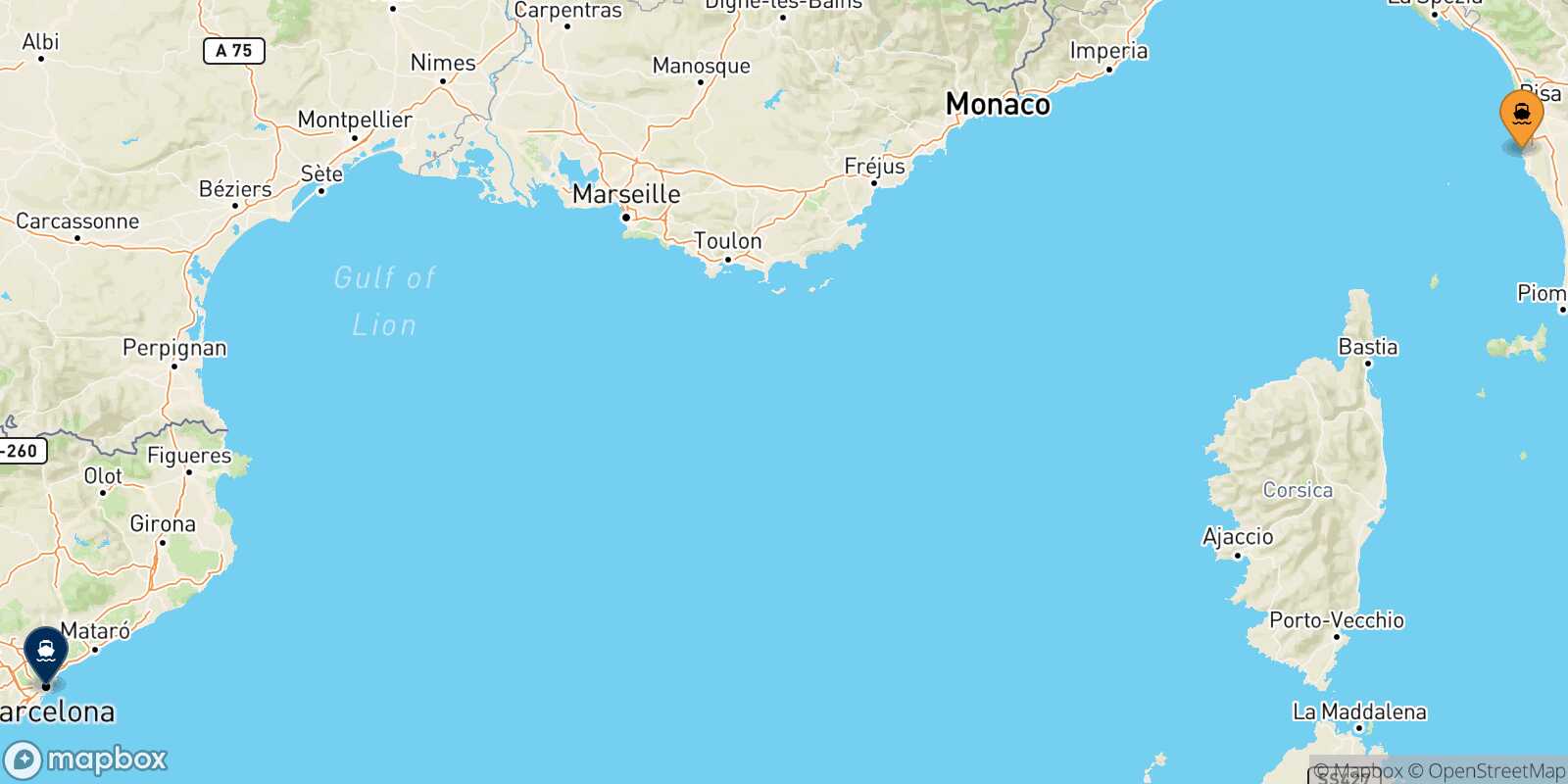 Mappa delle destinazioni raggiungibili da Livorno