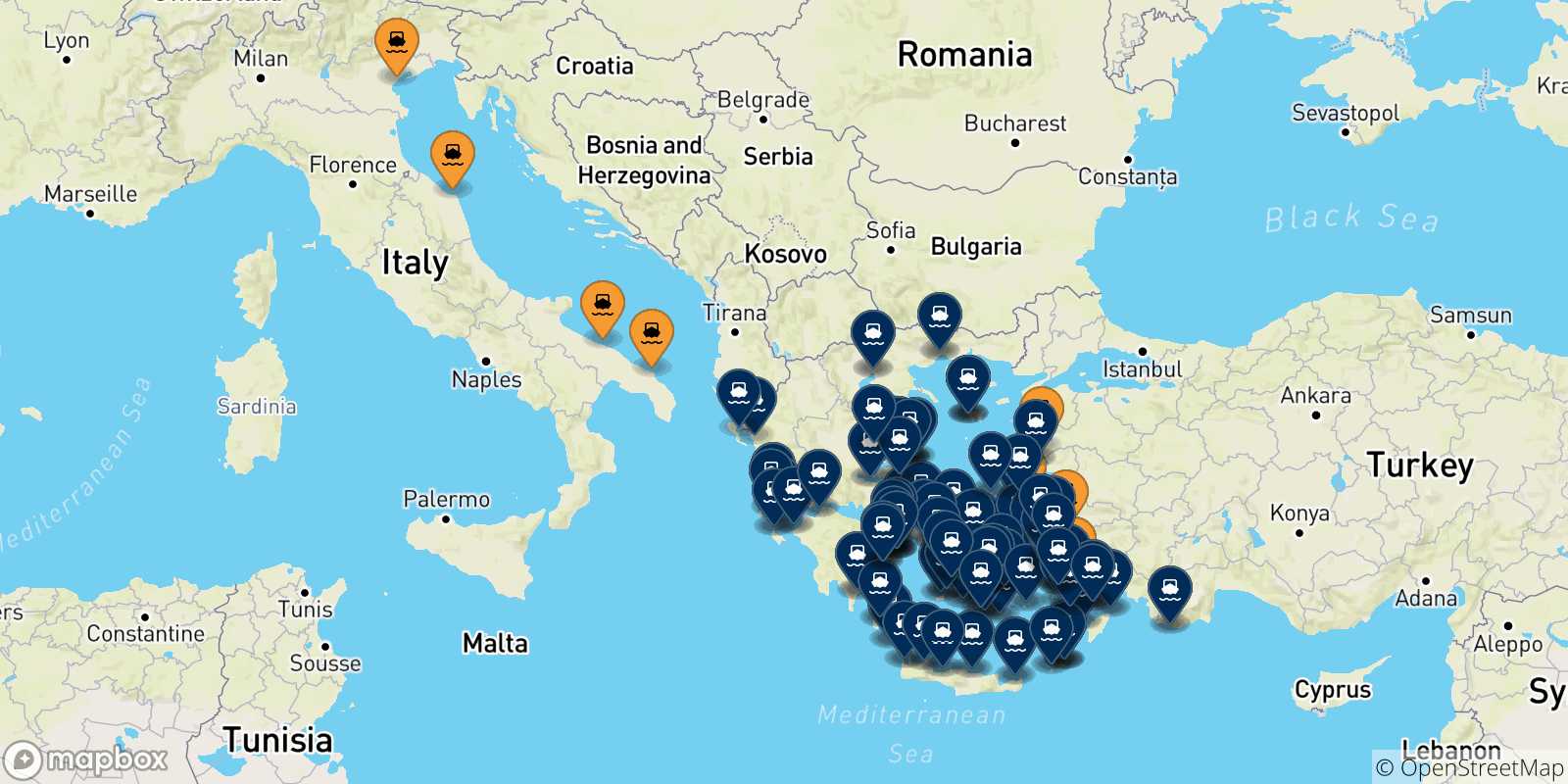Mappa dei porti collegati con la Grecia