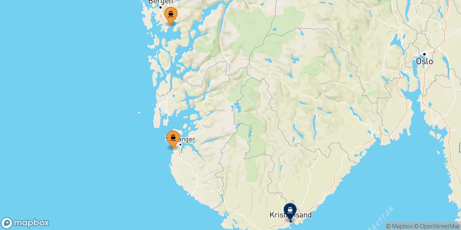 Mappa dei porti collegati con  Kristiansand