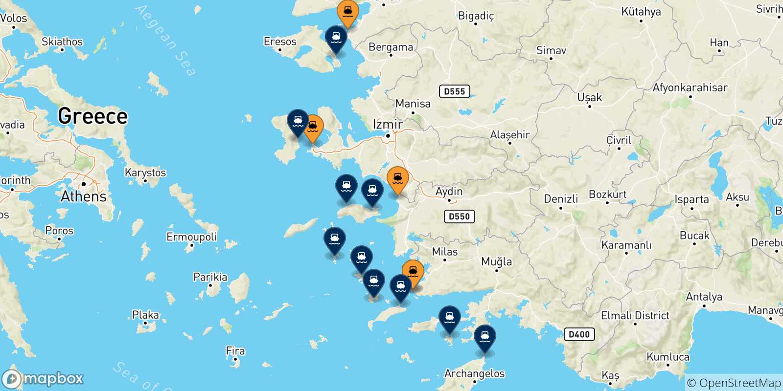 Mappa delle destinazioni raggiungibili dalla Turchia