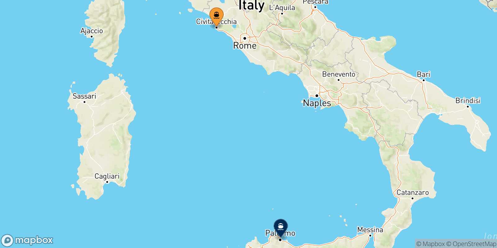Mappa della rotta Civitavecchia Palermo
