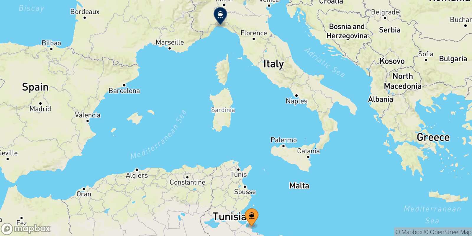Mappa della rotta Zarzis Genova