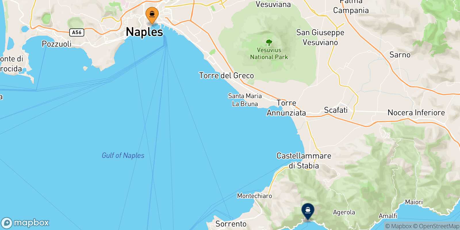 Mappa della rotta Napoli Beverello Positano