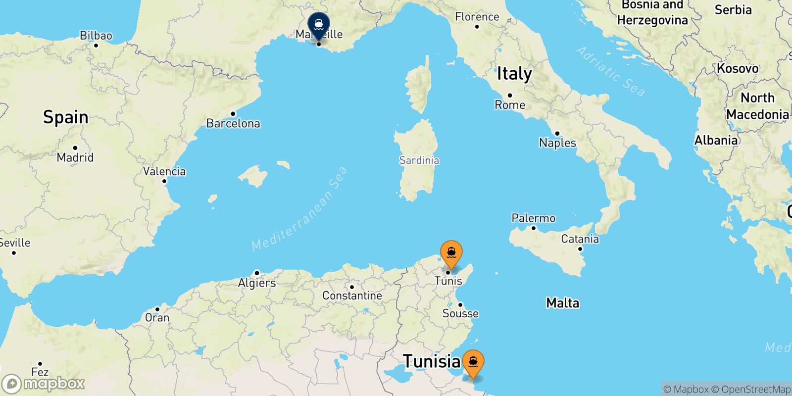 Mappa dei porti collegati con  Marsiglia