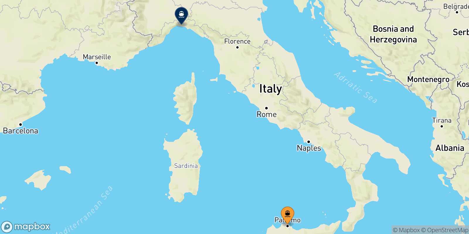 Mappa della rotta Palermo Genova