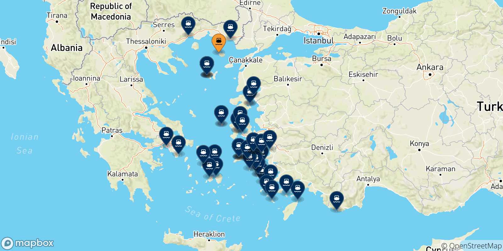 Mappa delle destinazioni raggiungibili dalle Isole Egeo Nord Orientale