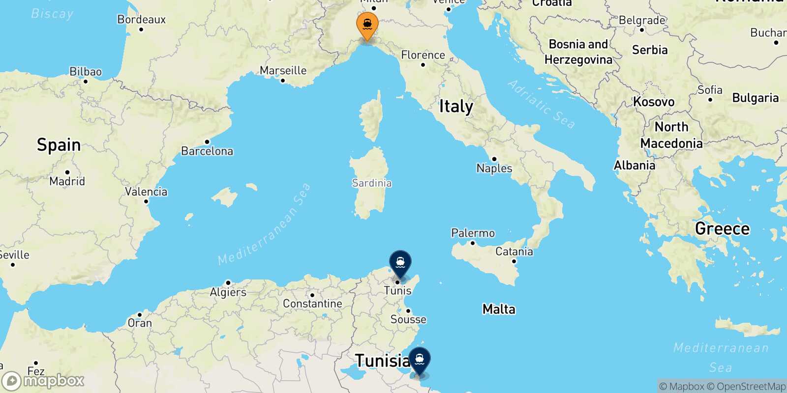 Mappa delle destinazioni raggiungibili da Genova