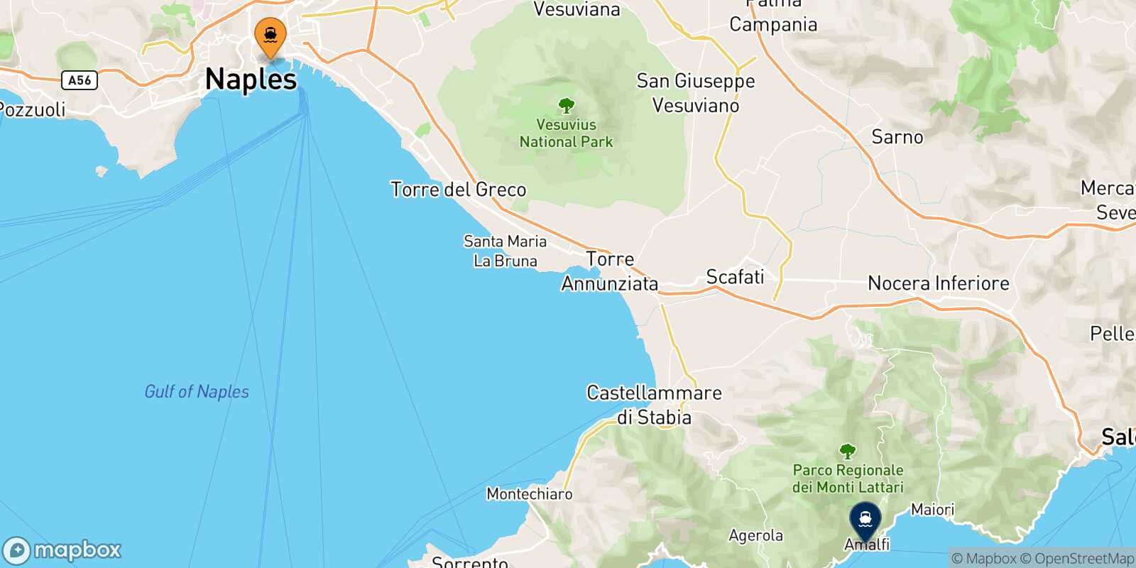 Mappa della rotta Napoli Beverello Amalfi
