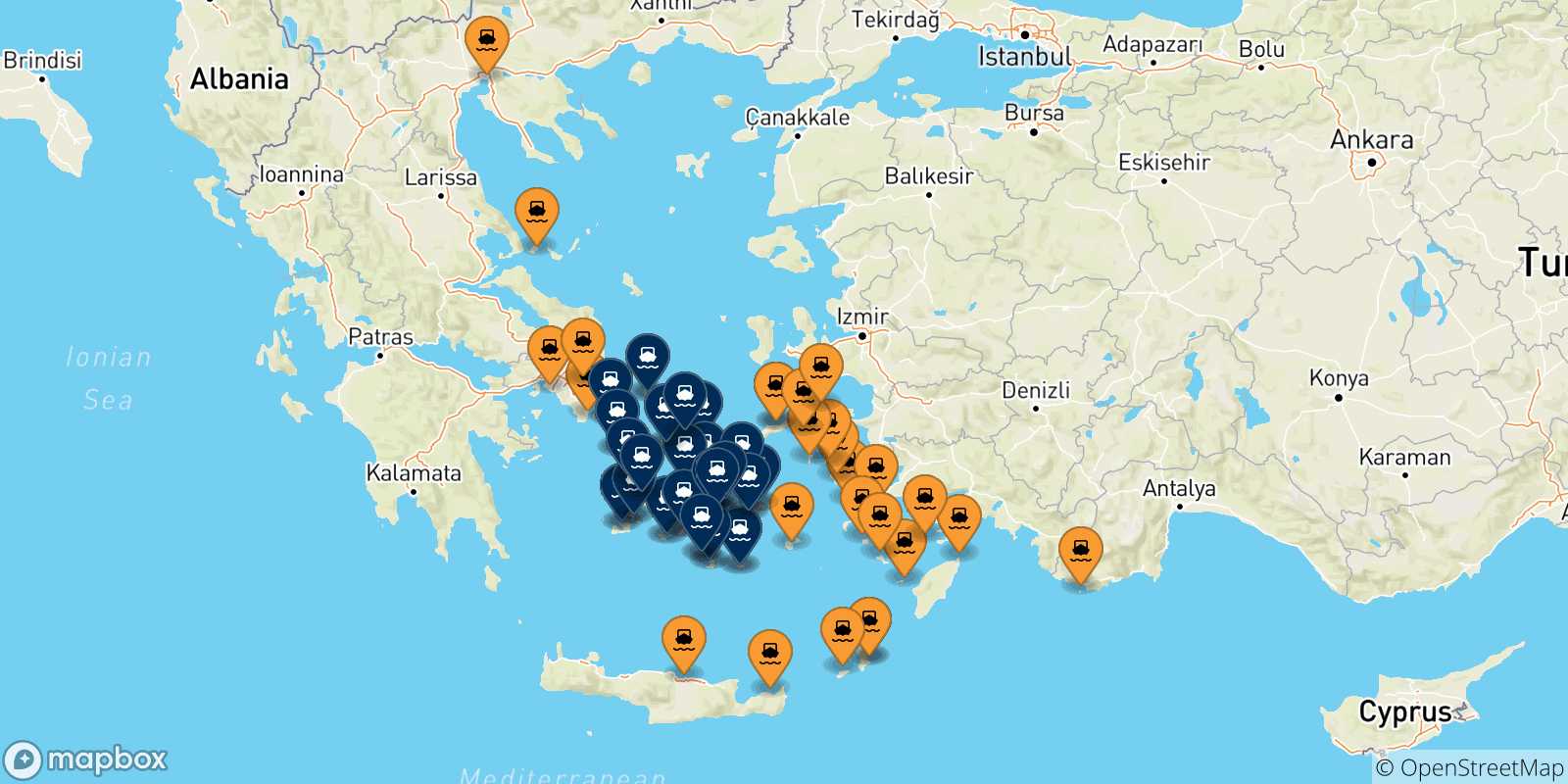 Mappa dei porti collegati con le Isole Cicladi