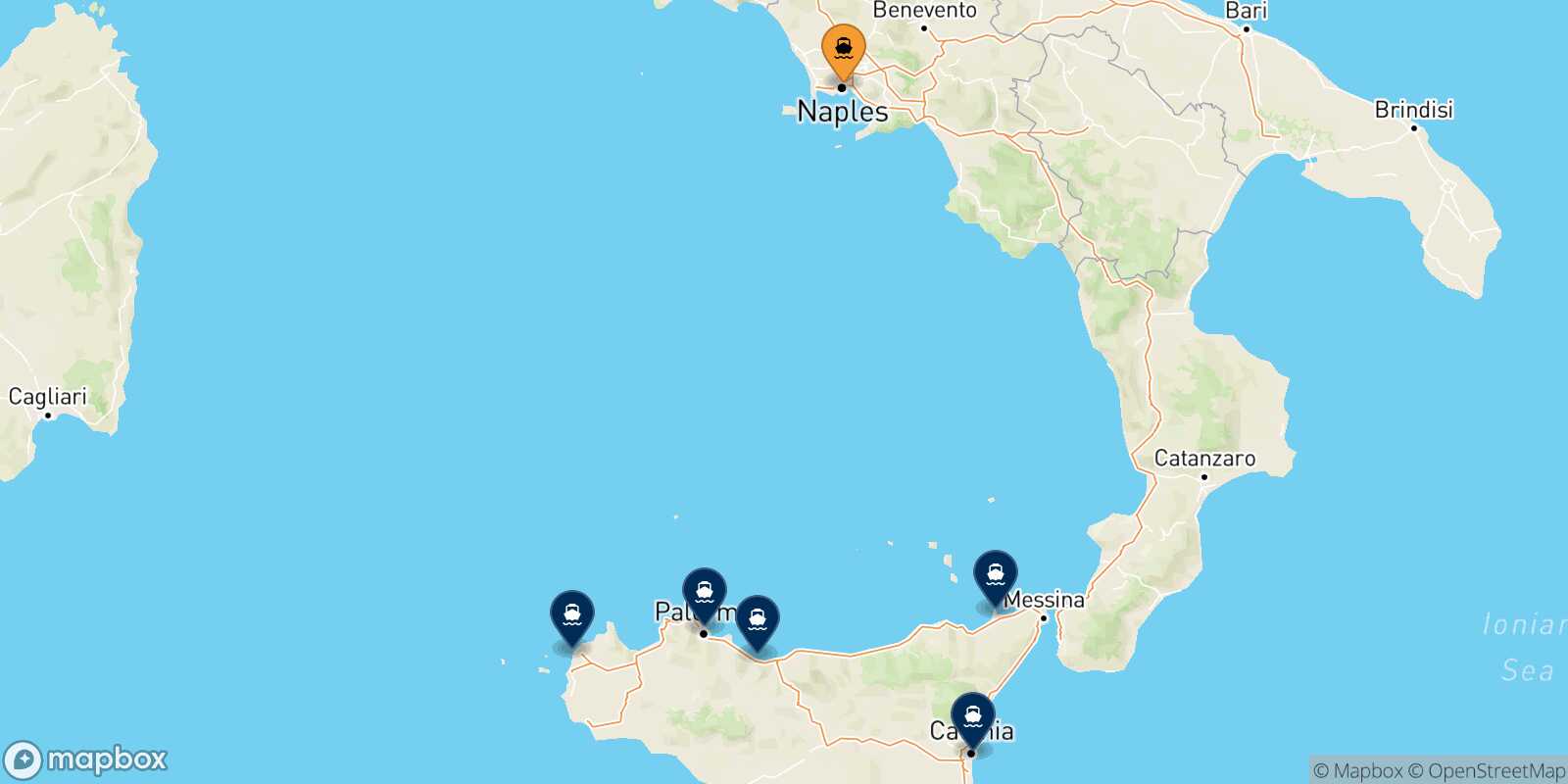 Mappa delle destinazioni raggiungibili da Napoli
