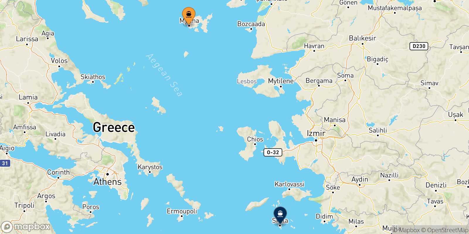 Mappa della rotta Mirina (Limnos) Patmos