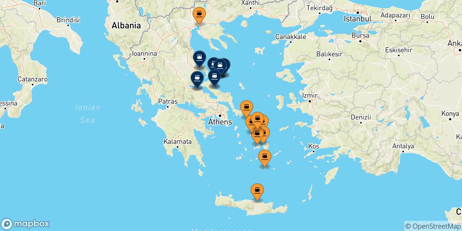Mappa dei porti collegati con le Isole Sporadi