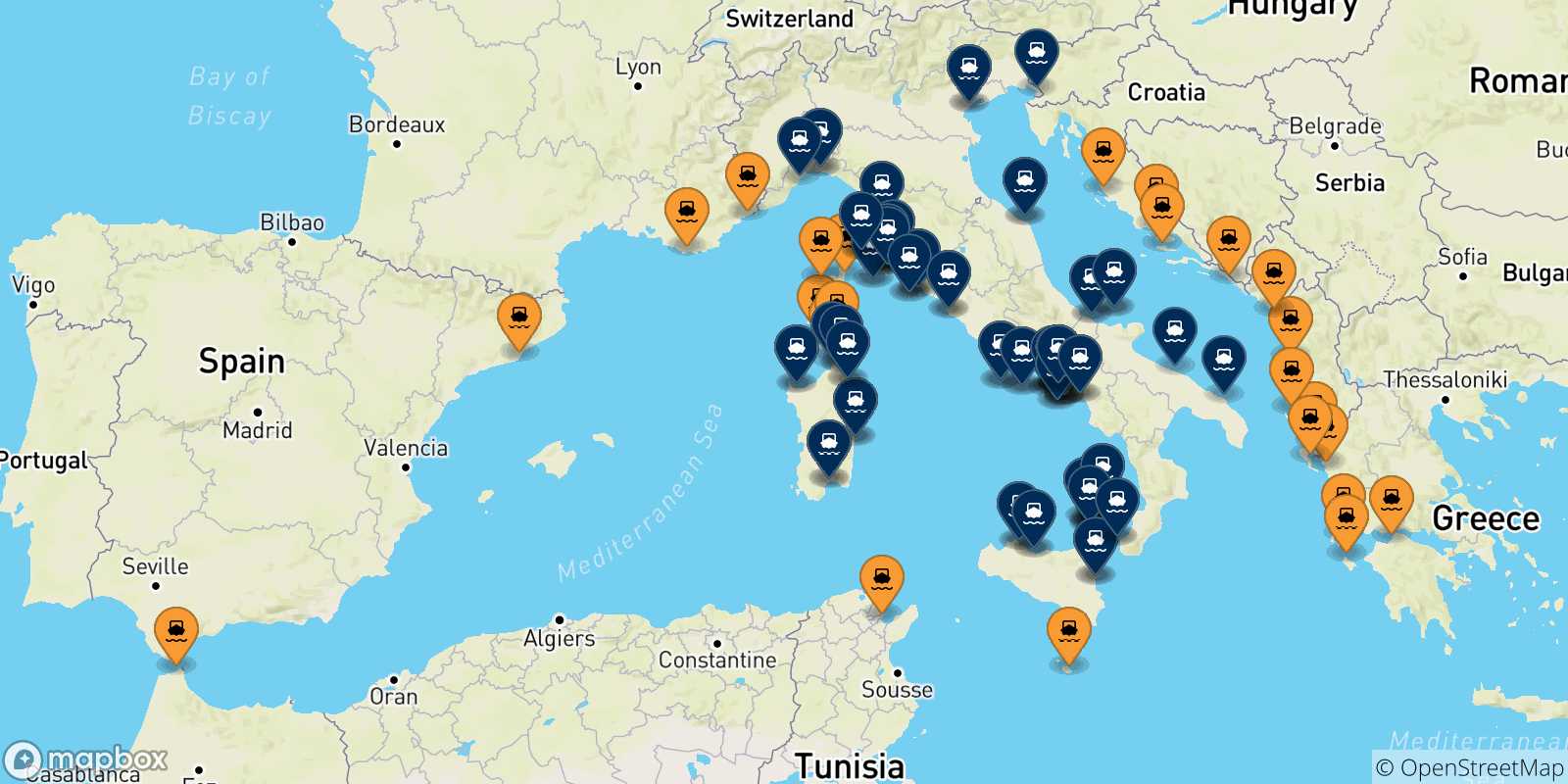 Mappa dei porti collegati con l' Italia
