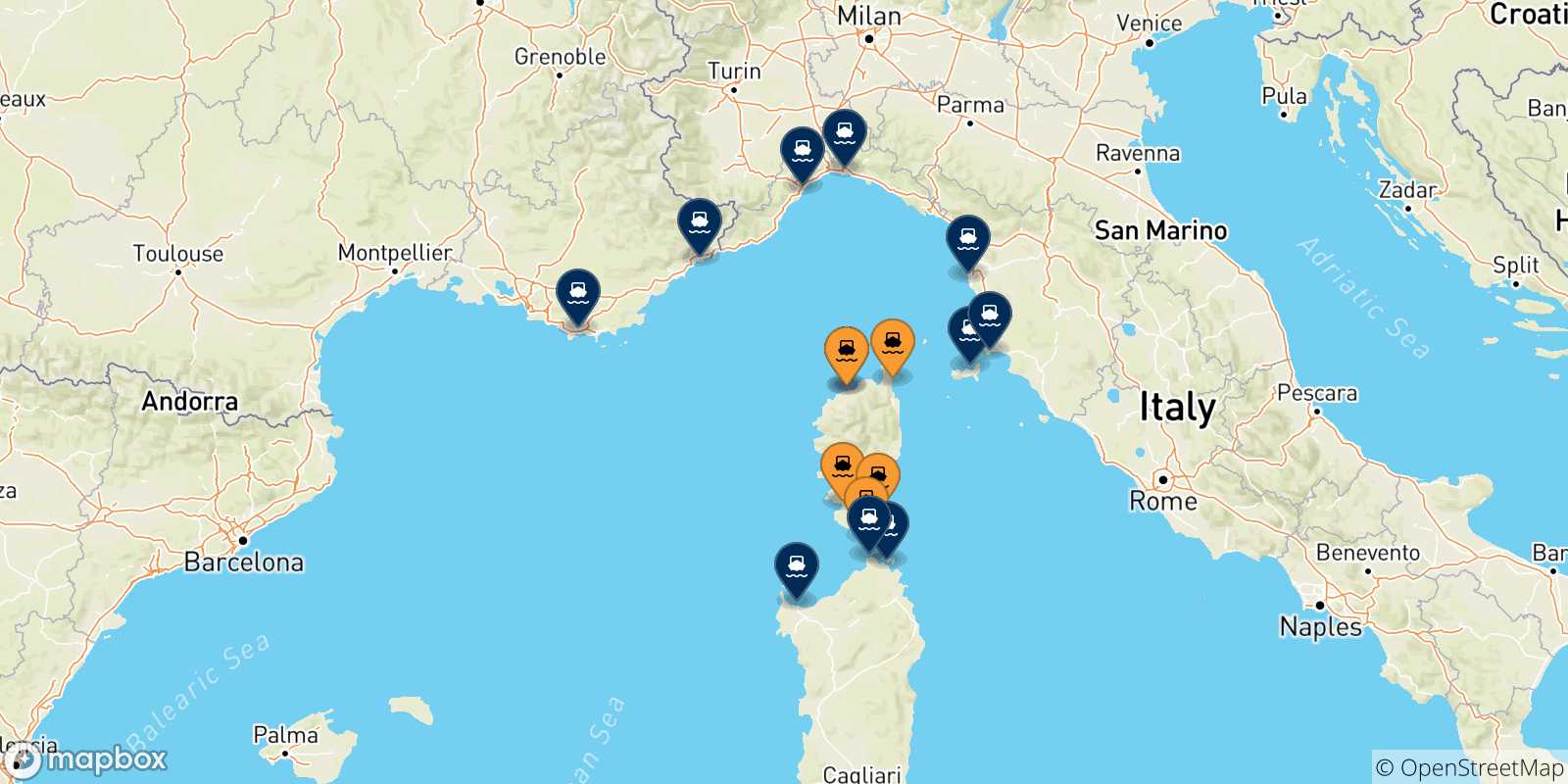Mappa delle destinazioni raggiungibili dalla Corsica