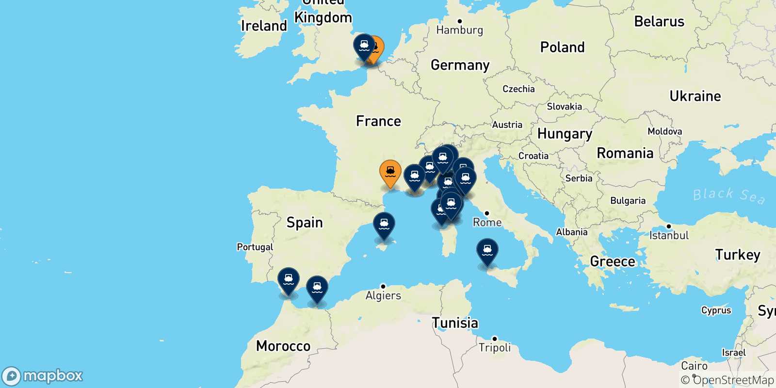 Mappa delle destinazioni raggiungibili dalla Francia