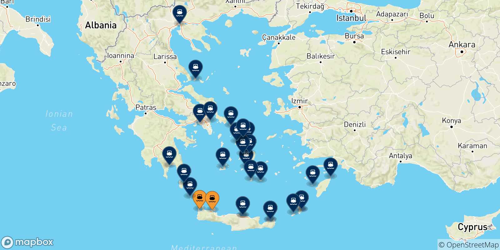 Mappa delle destinazioni raggiungibili da Creta
