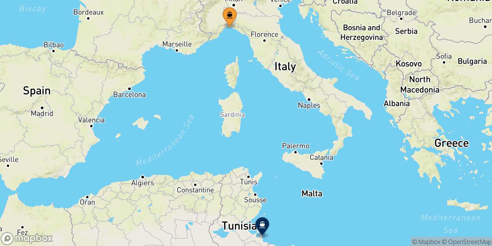 Mappa della rotta Genova Zarzis