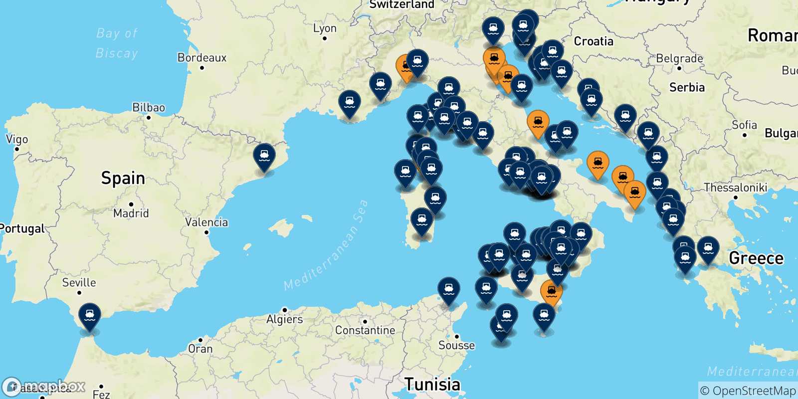 Mappa delle destinazioni raggiungibili dall' Italia