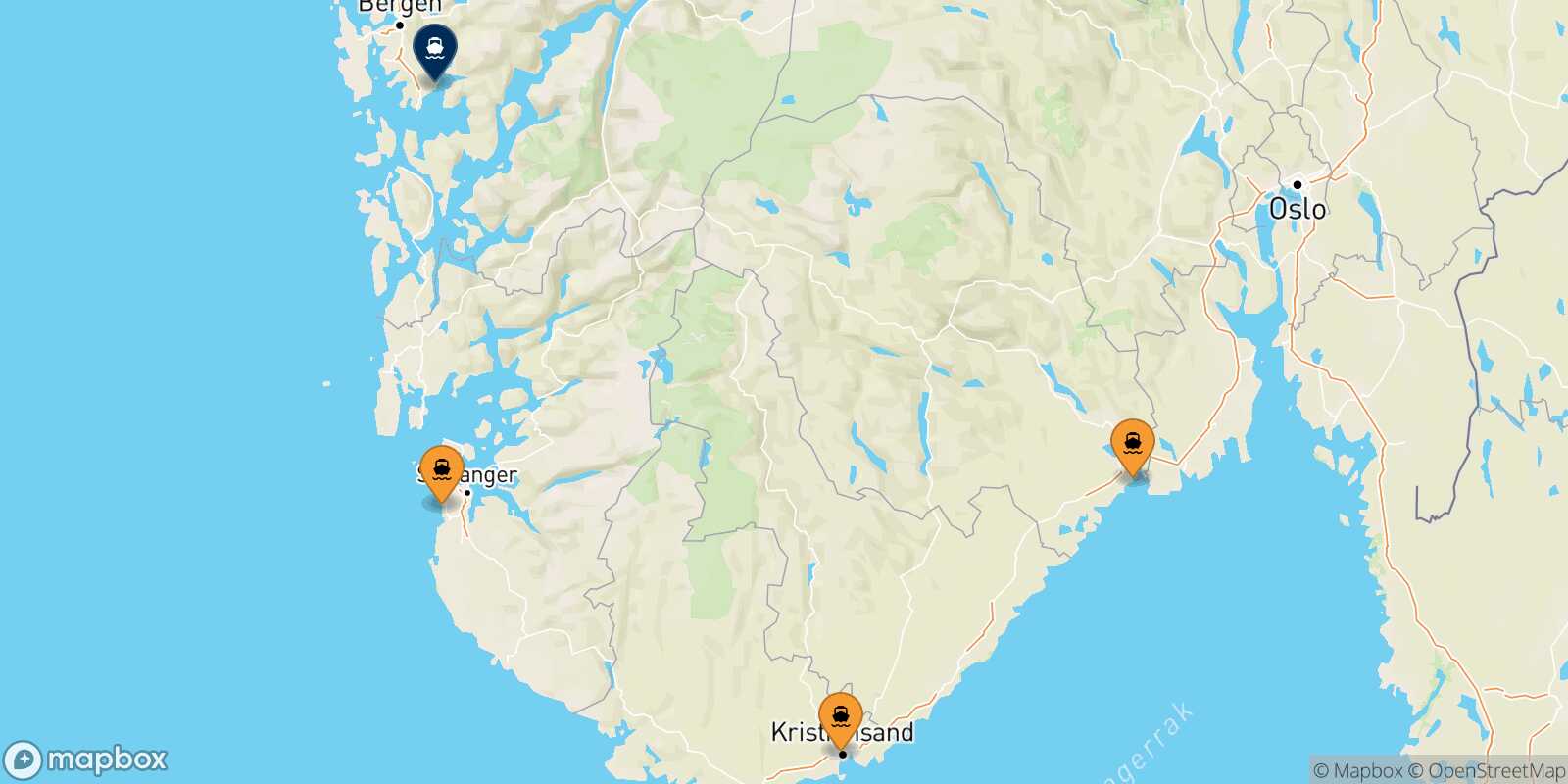 Mappa dei porti collegati con  Bergen